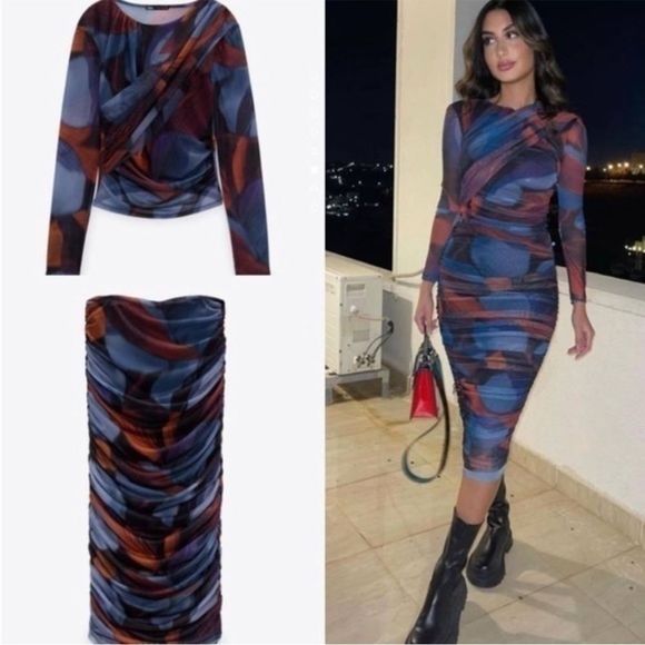 ZARA WOMAN NWT FW22 RED/ NAVY PRINTED TULLE SKIRT MEDIUM 5039/827 017/009 - Picture 9 of 9